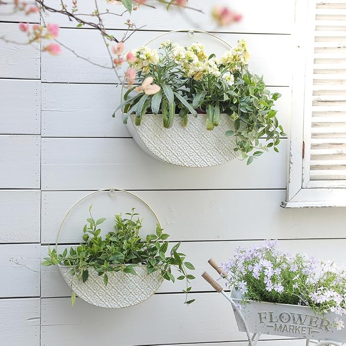 2-Piece Metal Planter Wall Hanging Baskets Decor Half-Moon Wall Mount Planter Set for Shabby Chic Farmhouse Outdoor Indoor Wall Decor