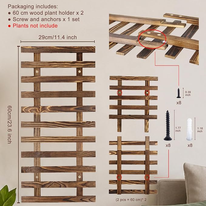2 Pcs Wall Planter for Indoor Outdoor Plants - Wooden Wall Amounted Plant Holder for Hanging Pots, Vertical Pack Wood Garden Trellis for Climbing Plants Orchid Ivy Vine Rose Patio Home Decor, 23.62"