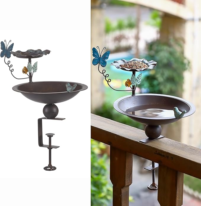 Bird Bath and Feeder for Deck Railing, 2 in 1 Deck Mounted Balcony Birdbath with Vivid Butterfly Decor, Metal Bird Bath for Outdoors Porch Patio Garden