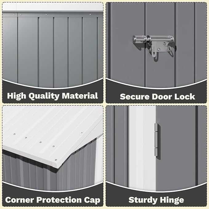 Greesum 8×6FT Outdoor Storage Shed, Metal Patio Storaged Sheds with Lockable Doors, Sheds & Outdoor Storage for Bike, Backyard, Pool and Garden, Gray