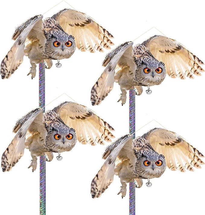 Fake Owl to Keep Pigeon Away from Roof, 4PCS Flat Plastic Owls with Reflective Tape, Pigeon Scare Devices, Garden Owls to Scare Woodpecker Squirrel, Hanging Owl Decor for Porch Patio Outside