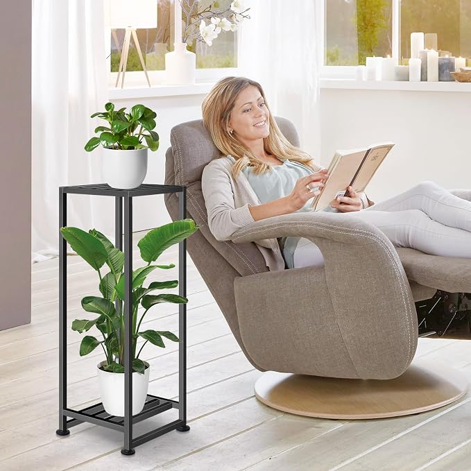 LUBORN Plant Stand Indoor Outdoor, Wrought Iron Plant Stands 2 Tier Heavy Duty Metal Pedestal Stand Decorative Flower Stand for Patio Garden Deck Living Room