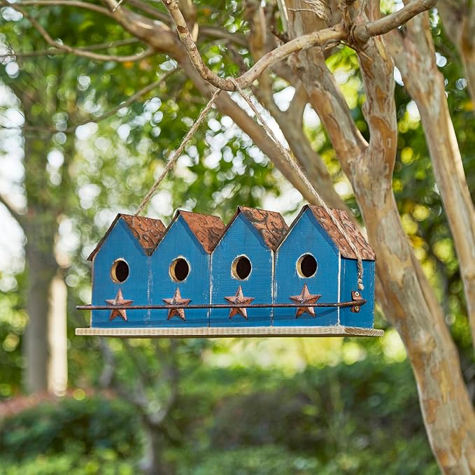 Glitzhome 17" L Distressed Solid Wood Birdhouse with Perch Decorative Garden Hanging Bird House for Outdoors,Retro Blue