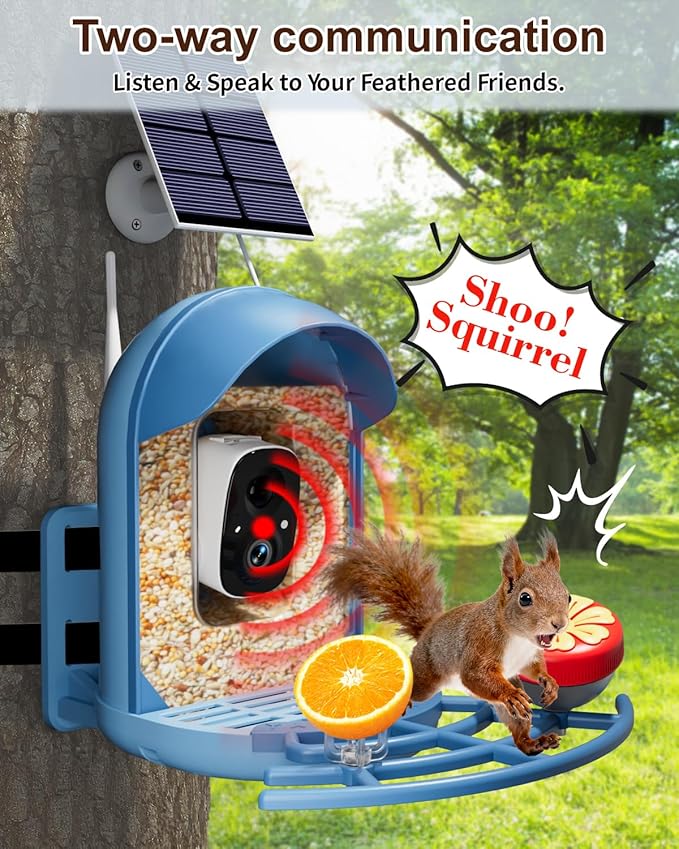 Smart Bird Feeder with 2K Camera, Solar Powered Wireless Birds House with APP Control, Night Vision, Motion Detection Alerts, IP66 Outdoor Birdfeeder for Backyard Garden Bird Watching,Blue