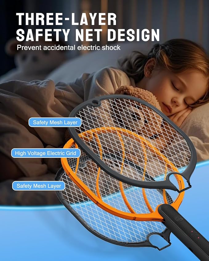 Mosiller Electric Fly Swatter, 3800V Handheld Bug Zapper Racket, Type-C Rechargeable, Mosquito Zapper for Indoor Outdoor, 3-Layer Safety Mesh, Easy to Use, Lightweight (Black-Basic 1 Pack)