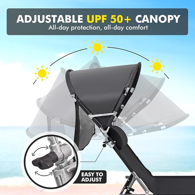 Oversized Extra Wide Tanning Chair with Sun Canopy Face Hole Padded Adjustable Washable, Heavy Duty Layout Folding Lounge Chair for Outside Beach Reading Sunbathing, UPF 50+, XL, Plus Size, 330 LBS