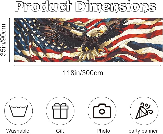 American Flag Eagle Fence Banner 118 x 35 Inch, Large Waterproof Outdoor Patriotic USA Banner with Bald Eagle for Yard Porch Fence 4th of July Independence Day Decorations