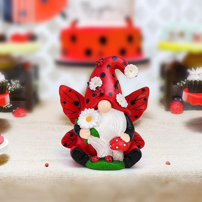 Ladybug Gnome Garden Decor, Fairy Gnome Figurine with Flowers, Spring Summer Outdoor Garden Decorations for Yard Lawn Patio, Garden Gifts for Women