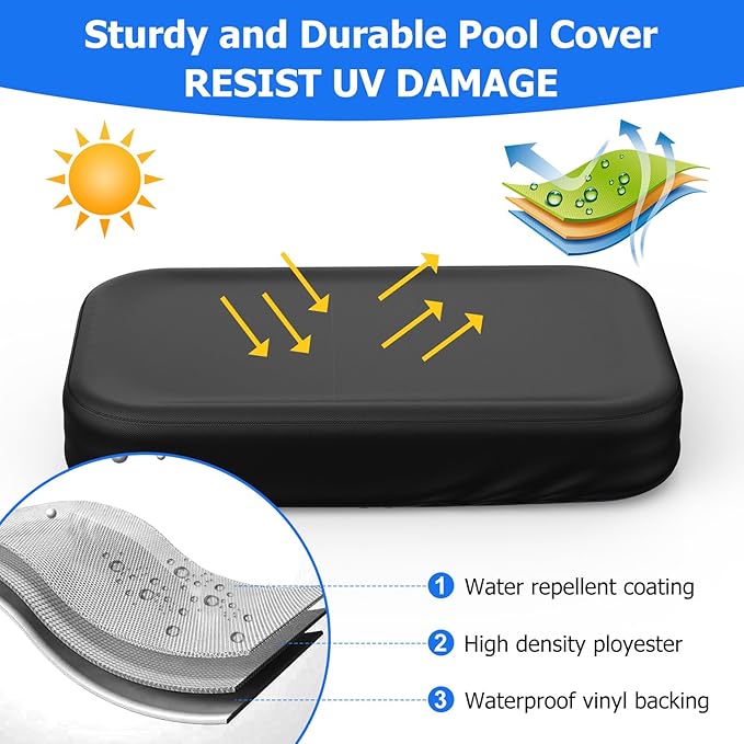 Rectangular Pool Cover for Inflatable Pool, Fits Blow Up Pool Size 90" L x 60" W, Built-in Elastic Band and Extra Buckle to Prevent Slipping, Rectangle Above Ground Swimming Pool Cover