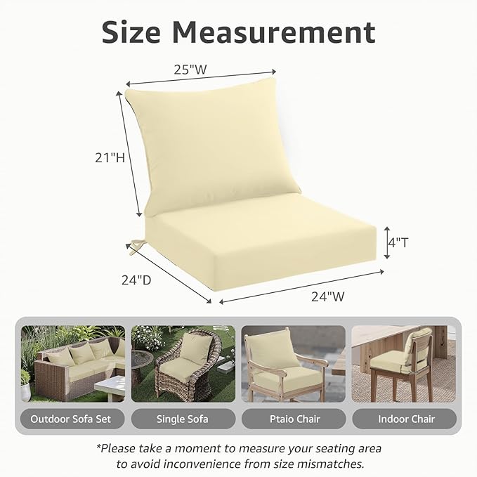 PatioGlow Outdoor Seat Cushion Set 24 x 24 x 4 Inch, Waterproof & Fade Resistant Patio Furniture Cushions with Removable Cover and Ties, Thick Deep Seating Pads for Outside Chair Sofa Couch, Yellow