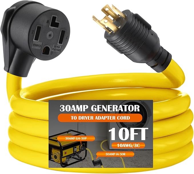 Tellegloww 10FT 30A Generator to Dryer Adapter Cord Compatible with NEMA L14-30P to 14-30R, 4-Prong Locking Male to 3-Prong New Dryer Female, 125/250V Heavy-Duty STW 10AWG/4C, ETL Listed