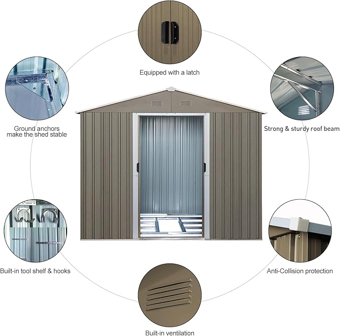 KEIKI 8x10 FT Outdoor Metal Storage Shed with Peaked Roof,Vents,Window and Metal Foundation for Garden Yard