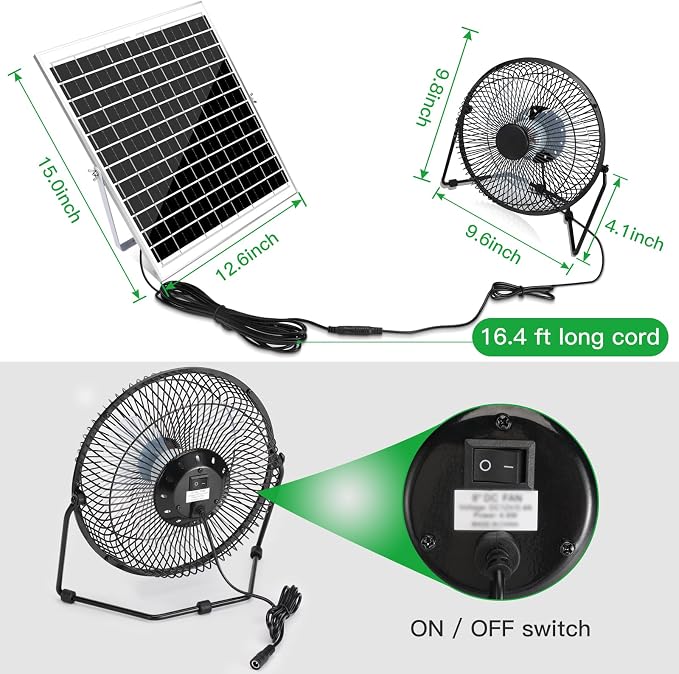 blessny 8" Solar Fan for Outdoor Greenhouse, Chicken Coop, Pet House, Shed Air Circulation Cooling, 25W Solar Powered with 16.4 FT Long Cord, 2010 RPM High Velocity