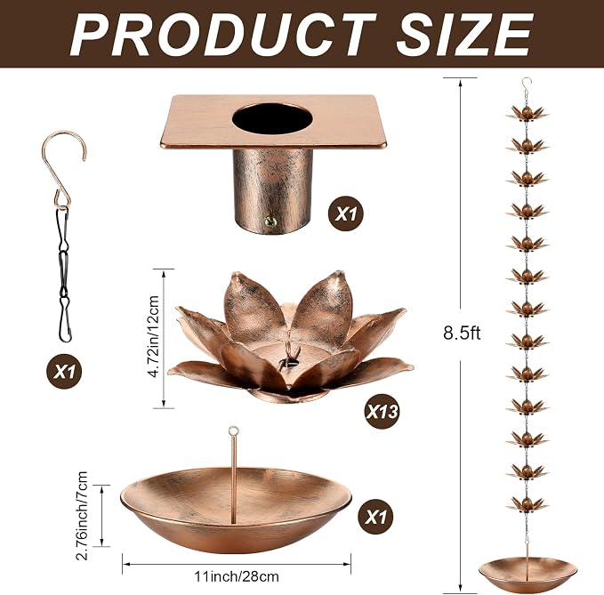 MorningRo 8.5ft Rain Chains for Gutters Outside with Anchor Basin 12 Cups Rain Chain Catcher Downspout Replacement Adjustable Metal Garden Rainwater Divert for Eaves Drainage(Flower)
