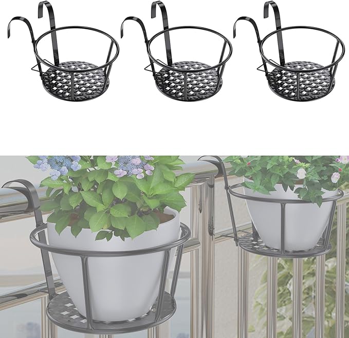 3PCS Railing Planter Holders, Compatible with 1"-2.08" Wide Railings | 3 PCS Railing Hanging Planter Holders, Round Balcony Metal Flower Pot Stand with Base, Easy for Hanging and Moving.