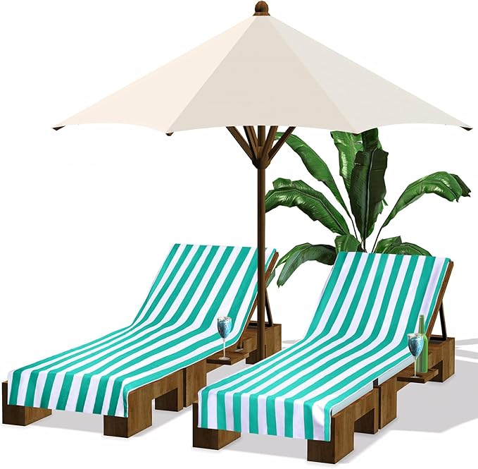 Fumete 2 Pack Lounge Chair Covers 30 x 85 Inch Pool Chaise Lounge Towels Microfiber Beach Chair Towel Portable Striped Outdoor Patio Furniture Cover for Sunbathing Picnic Spa(Turquoise)