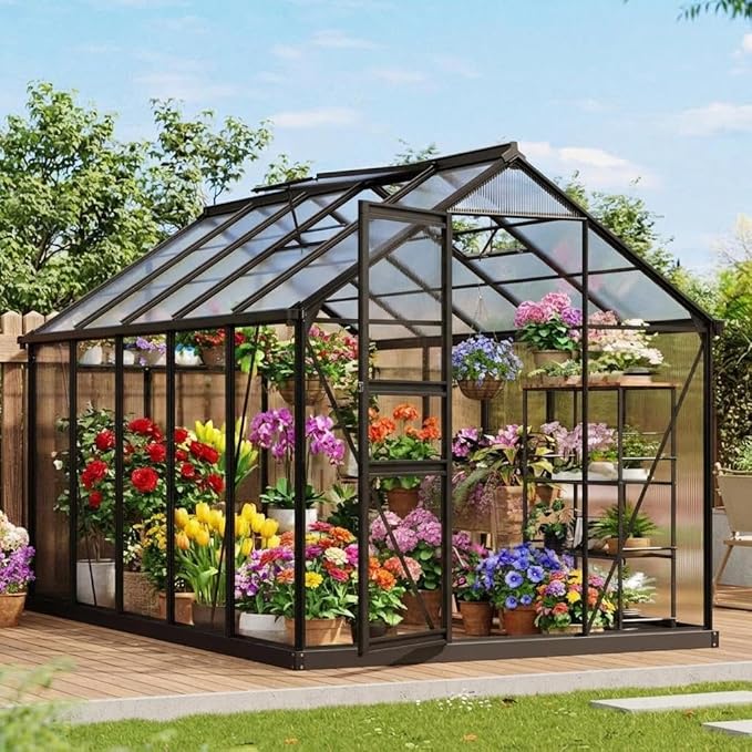 Garvee Greenhouse, 6×10FT Greenhouses for Outside, Walk-in Green House with Ground Nails and Vent Windows, Sliding Lockable Door, Polycarbonate Green House for Outside Garden Backyard, Quick Setup