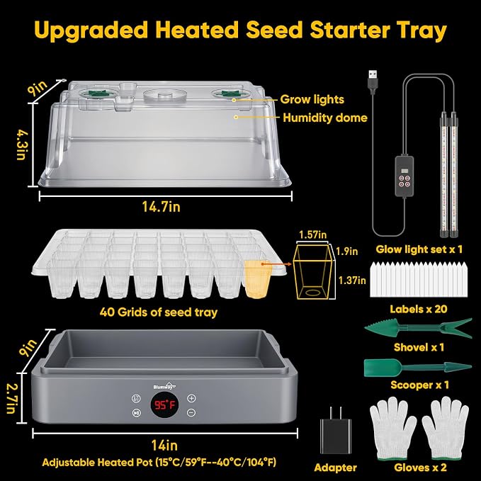 BlumWay Upgraded 40-Cell Seed Starter Tray with Grow Light, 4.3" Higher Lid Seed Starter Kit, Adjustable Seedling Heating Pot, Germination Trays with Humidity Dome, Indoor Plant Starter Kit