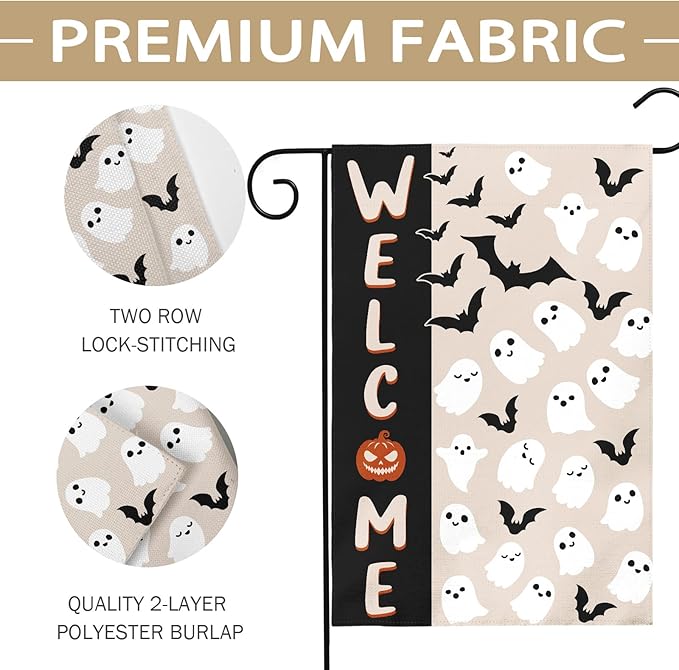 Halloween Welcome Garden Flag 12x18 Inch Cute Ghost Bat Black Cream Holiday Theme Scary Halloween Decorative Yard Flags for Outside Double Sided Outdoor Home Farmhouse Decoration Porch Decor