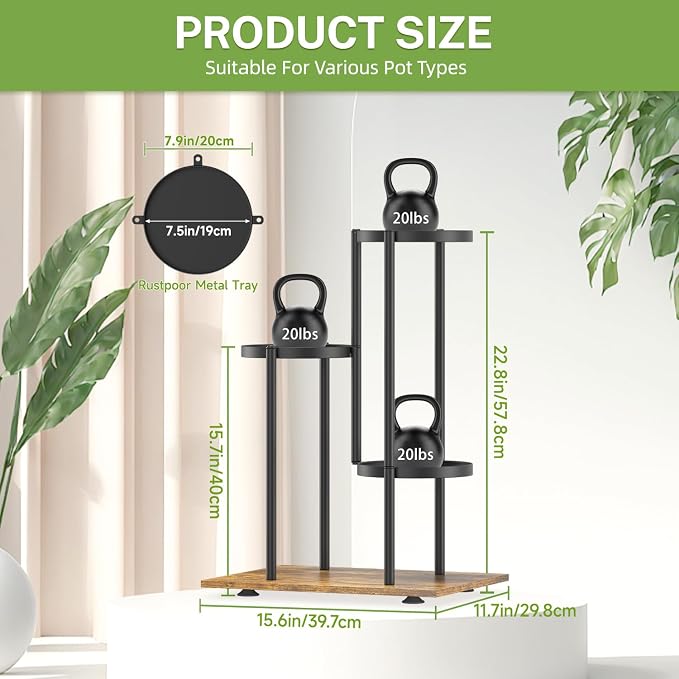 iDavosic.ly Metal Plant Stand Indoor Outdoor Set of 2, Wrought Iron Corner Flower Pot Holder Table Shelf and 3 Layer Display Rack for Patio Porch Living Room Garden Balcony, Black & Brown