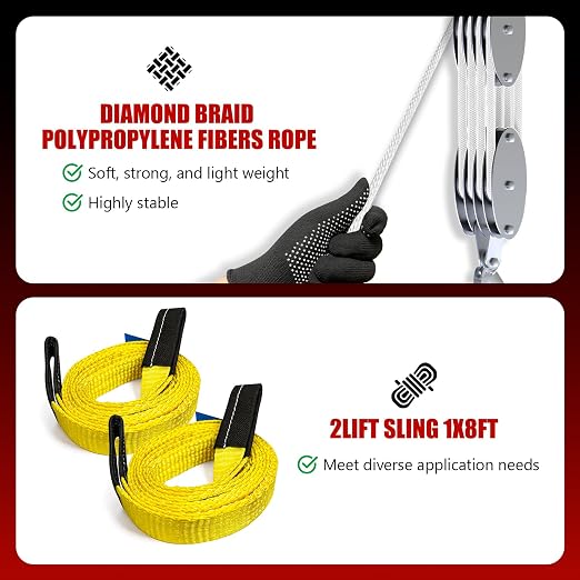 YATOINTO Upgraded Rope Pulley Hoist 4400 LB, 8:1 Pulley Block and Tackle System, Pulley Block 2200LB Loading Capacity, 65ft Heavy Duty Rope Hoist for Hunting Garage Warehouse (with 2PCs Straps)