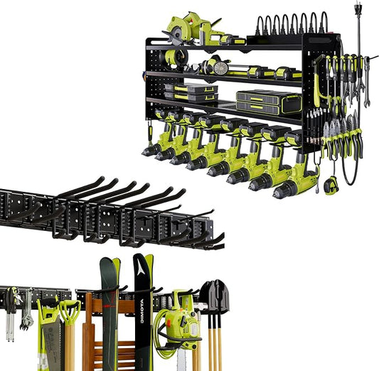 NattyDot Garage Tool Organizer Wall Mount Power Tool Organizer Wall Mount with Charging Station Garden Tool Hanger