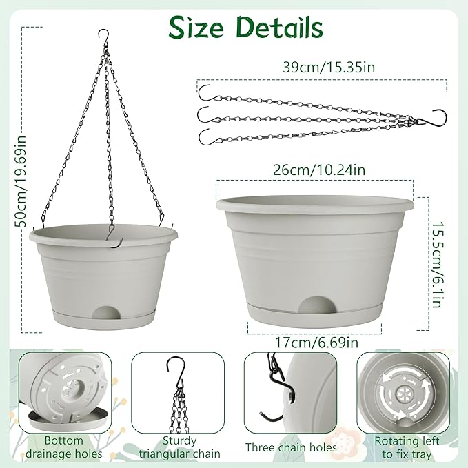 Nooulap 4 Pack Hanging Planters, 10 Inch Hanging Plant Pot with Hanger Chain & Drainage Trays, Hanging Baskets for Plants Outdoor Indoor, Flowers Pots for Home, Garden, Porch Decor (Grey)