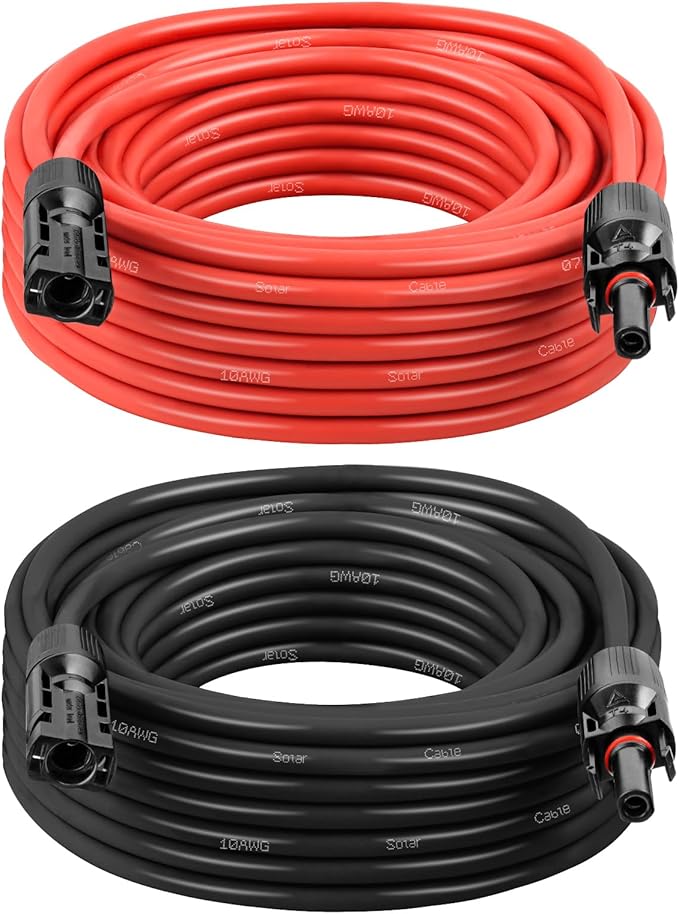 Solar Panel Extension Cable - 10AWG 25FT Solar Wire with Female & Male Waterproof Connector PV Wire for RV, Photovoltaic Systems, Home, Boat, Solar Panels, Car(25 feet Red + 25 feet Black)