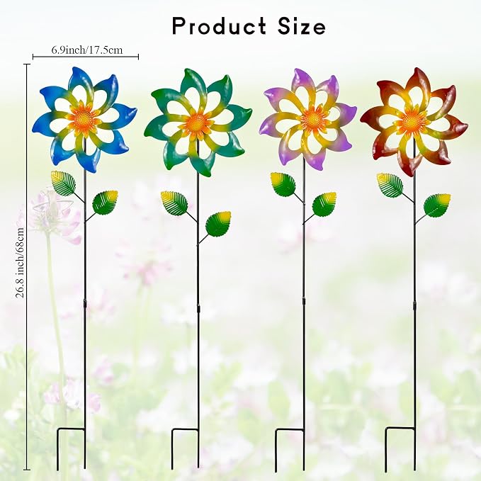 4 Pack Wind Spinners Outdoor, Colorful Metal Flower Windmill, Small Pinwheels Decorative Garden Stakes for Yard Patio Lawn Garden Decor, 27 x 7 Inches
