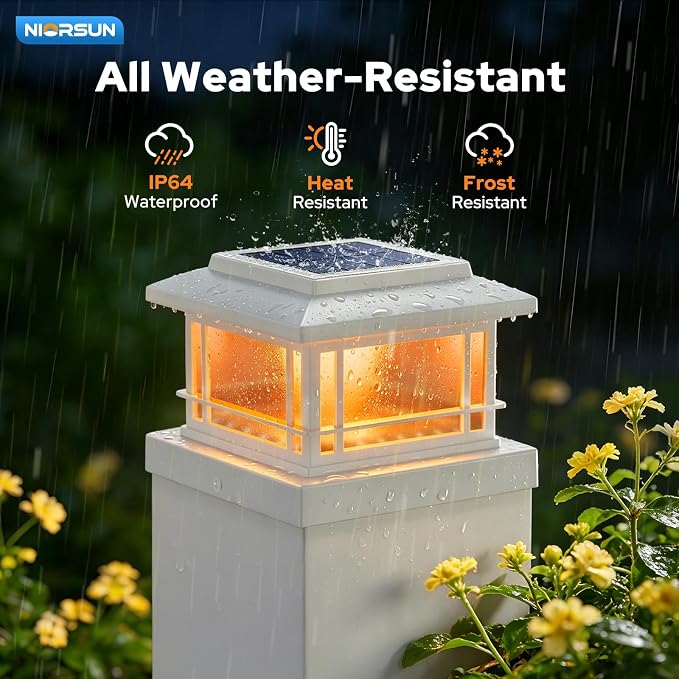 NIORSUN Solar Post Lights Outdoor, Fence Post Solar Lights with Flickering Flame Light & 3 Color Temps, Waterproof, Garden Patio Fence Deck Decor, 4x4 Posts Caps, 4x4, 5x5 Wooden & Vinyl (2Pack,White)