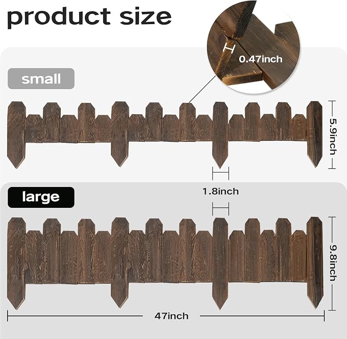Wood Garden Edging, Staggered Wooden Edging Border Decorative Small Picket Panels for Flower Bed Barriers and Landscape Fencing