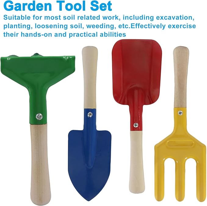 Piutouyar 4 Pack Metal Garden Tool Set, Mini Colorful Beach Tool for Kids, Shovels/Rake/Trowel/Fork Children Beach Sand Tools with Wooden Handle