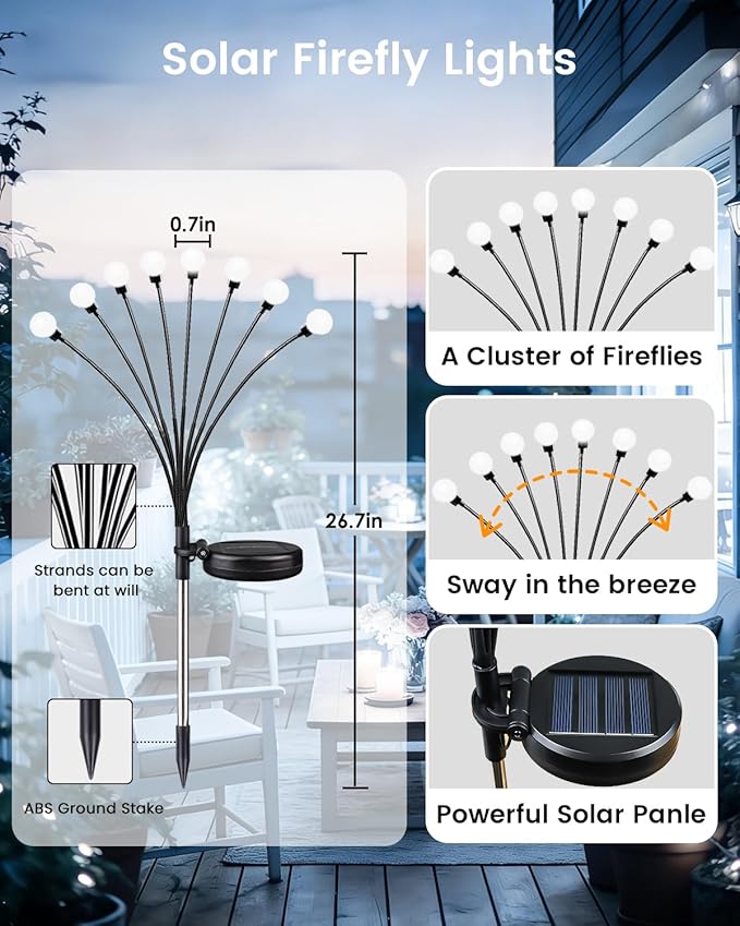 OZS 8 Pack Total 64 LED Solar Firefly Lights Fairy Outdoor - Solar Garden Lights Outdoor, Sway by Wind, Waterproof for Garden Patio Pathway Fairy Decoration (Cool White)