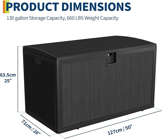 130 Gal Resin Deck Box, Waterproof Lockable Outdoor Storage Box, Versatile Outside Container for Package Parcels, Patio Furniture Cushions, Garden Tools & Pool Accessories