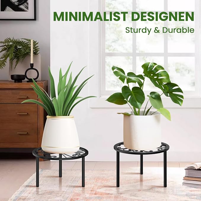 TOSKING Heavy Duty Metal Plant Stand - 9" Round Classic Scroll Pattern, Adjustable Non-Slip Leveling Feet, Rustproof, Decorative Display Shelf for Small to Medium Plants, Indoor/Outdoor, Black (9"Dia x 6.3"H)