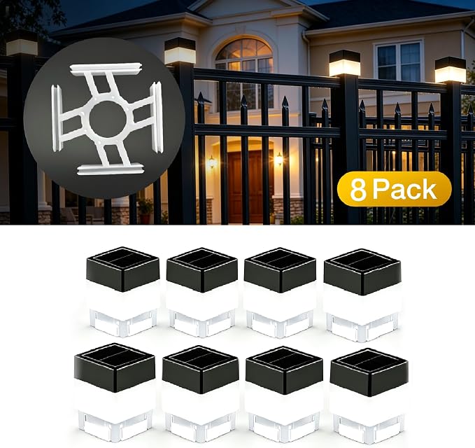 Fence Lights Solar Powered Solar LED Fence Post Cap 2In x 2In(5cm x 5cm) for Wrought Iron, Aluminum, Garden & Outdoor (Warm Light, 8)