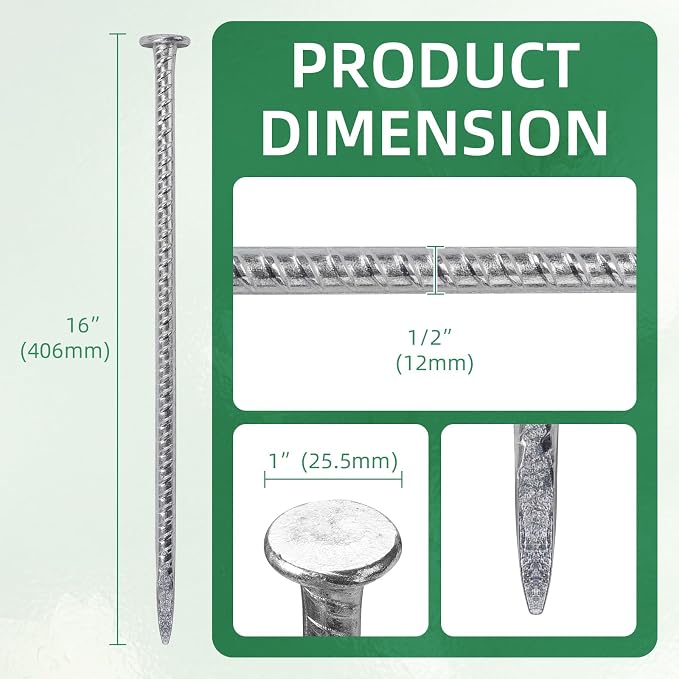 16 Inch Ground Spikes, Rebar Stakes, 1/2 Ground Stake, Galvanized Anchors, Metal Stakes for Ground (16Pcs, Silver)