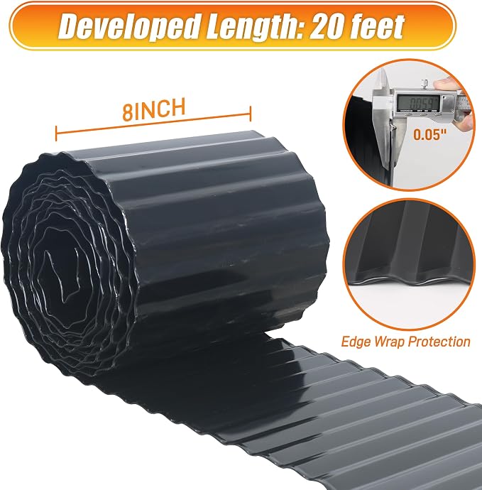 Quibbay Corrugated Metal Garden Edging, 8"×20Ft Metal Landscape Edging for Lawns, Borders and Flower Beds, Metal Garden Edging Border for Garden and Yard, Sturdy Garden Long Strips, Black