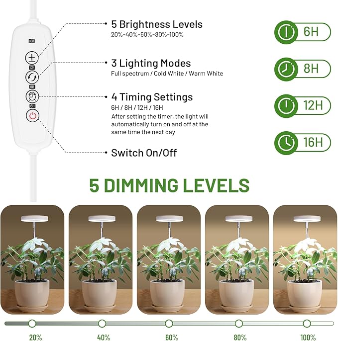LBW Grow Light for Indoor Plants, Full Spectrum Plant Light with Base, Height Adjustable Plant Growing Lamp with Auto On/Off Timer 6/8/12/16H, 3 Colors,5 Dimmable Brightness, for Small Plants, White