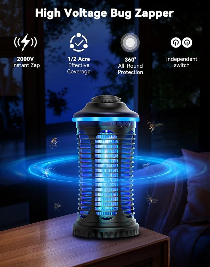 Rechargeable Bug Zapper Outdoor Indoor, Mosquito Zapper Cordless with 4000mAh Battery, RGB Light, USB-C Charging, 1/2 Acre Coverage, IPX4 Waterproof, Portable Fly Zapper for Camping, Patio, Garage