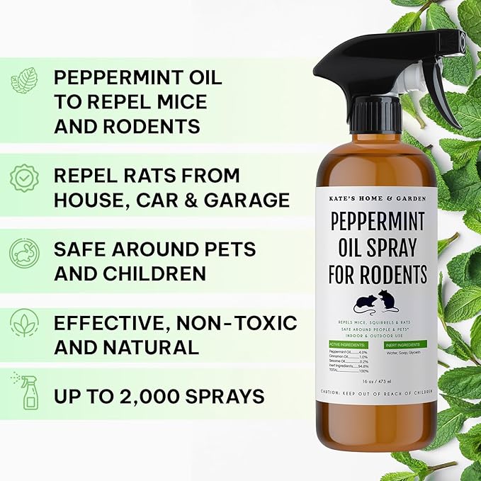 Kate Naturals Peppermint Oil Spray for Rodents, Squirrels, Mouse, Bat, Rat, Car Engines, Mice (16oz, Non-Toxic Rodent Repellent, Pet Safe)