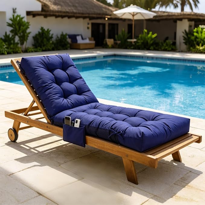 Patio Chaise Lounge Cushions, 68"x21"x4.5" Waterproof Replacement Beach Pool Lawn Outdoor Lounge Chair Cushion with Pocket, Non-Slip Bottom & Secure Ties for Outdoor Furniture, Dark Blue
