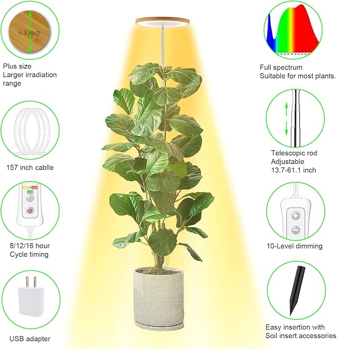 yadoker Plant Grow Light, LED Growing Light Full Spectrum for Indoor Plants,Height Adjustable, Automatic Timer, 5V Low Safe Voltage,Idea for Large Plant Light
