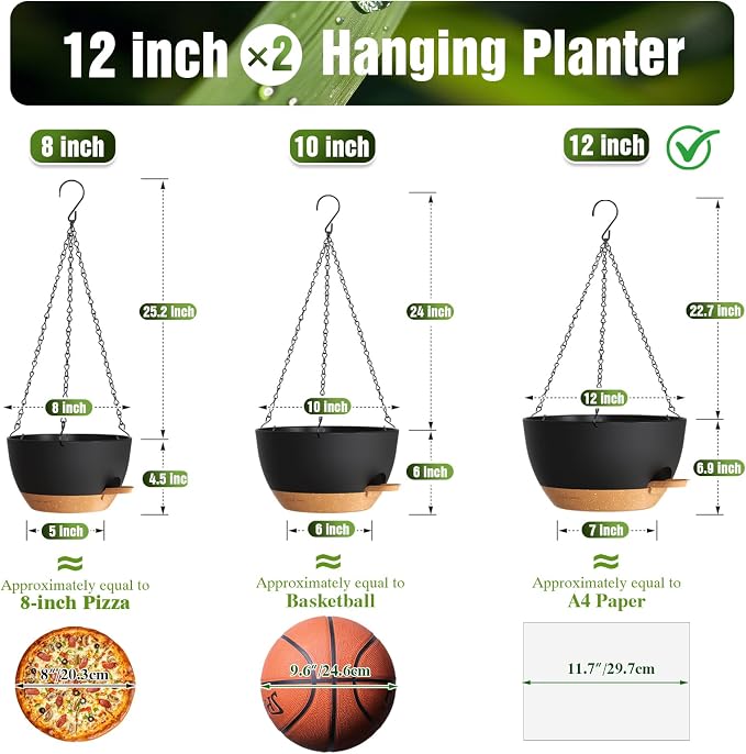 12 Inch Self Watering Hanging Planters, 2 Pack Plastic Plant Pots | Sturdy lightweight pot with side watering lip, drainage holes, snap-on detachable tray & hanging chain for easy care