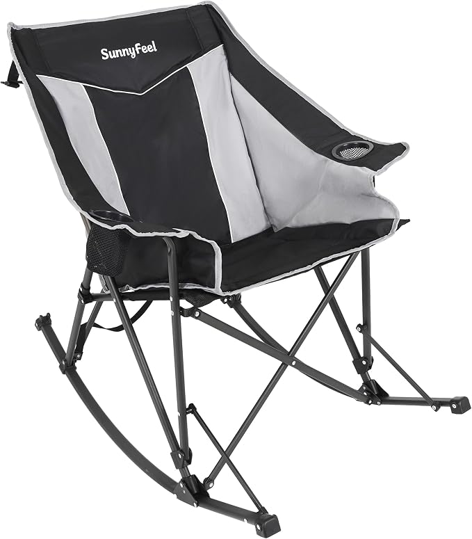 SUNNYFEEL Oversized Folding Rocking Camping Chair Fully Padded Patio Chair Black Portable Outdoor Rocker High Back Portable Lawn Recliner with Side Pocket Camp Rocker Chairs Heavy Duty 500 LBS