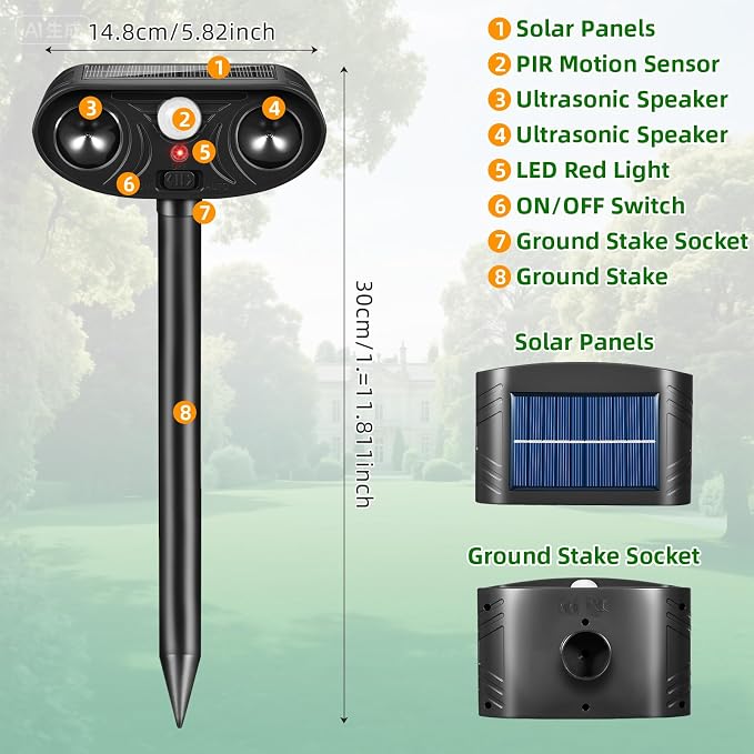 2026 Upgraded Solar Ultrasonic Animal Repellent, 2 Pack IP65 Waterproof Sonic Deer Deterrent, Motion Activated Outdoor Repeller to Keep Cats, Squirrels, Raccoons, Skunks & Dogs Away from Garden, Yard