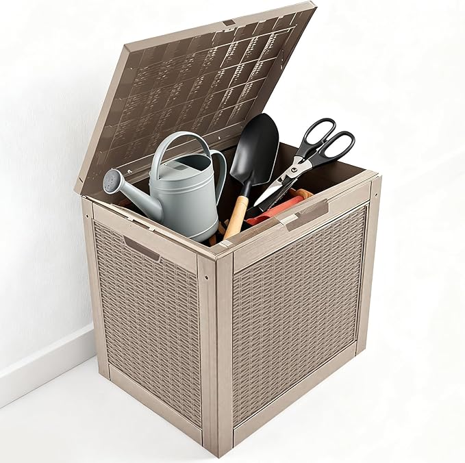 Zapdos Outdoor Storage Box, 31 Gallon Deck Box Indoor and Outdoor Use, Waterproof Resin Rattan Storage Bin for Package Storage Patio Cushions Gardening Tools, Lockable, Fade Resistant, Brown