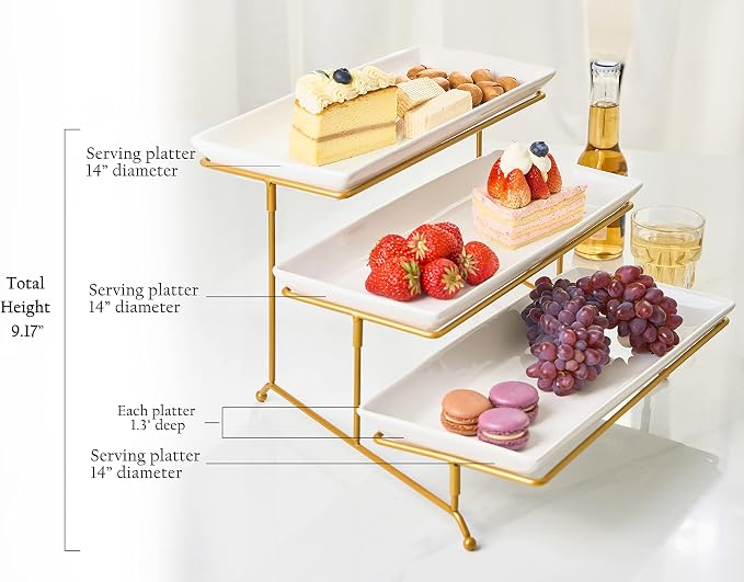 LAUCHUH 3 Tier Serving Stand with Porcelain Bowls, Oval Shape, Ideal for Food Presentation, Dishwasher Safe