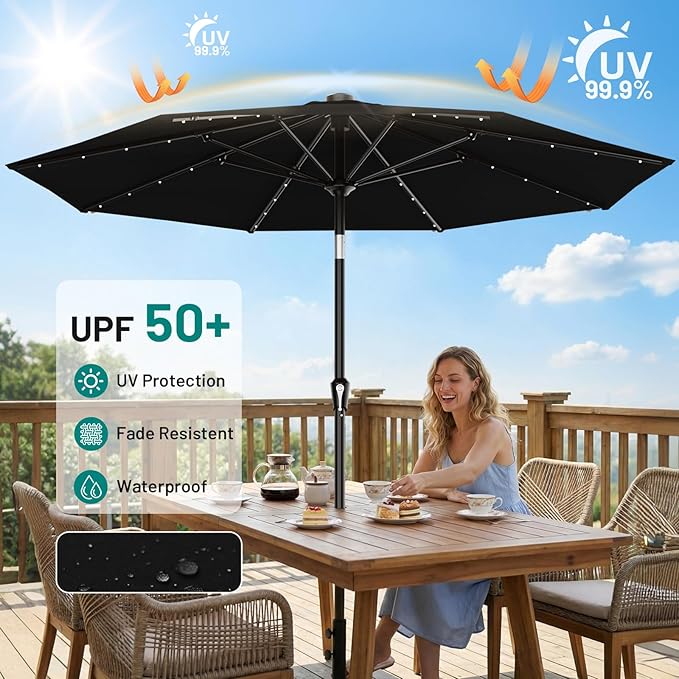 AreShark 9FT Patio Umbrella with Solar Lights, 32 Lighted Pool Umbrella w/Tilt and Crank, Outdoor Market Solar Umbrellas for Garden, Deck, Backyard, Pool and Beach, Black