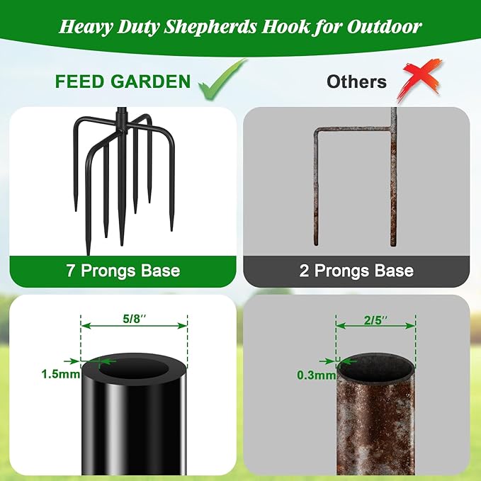 FEED GARDEN Adjustable Shepherd Hook Bird Feeder Pole with 7 Prongs Base, 108 Inch Tall 5/8 Inch Thick, Heavy Duty Outdoor Garden Poles for Hanging Bird Feeders, Plant Baskets, Black (2 Pack)